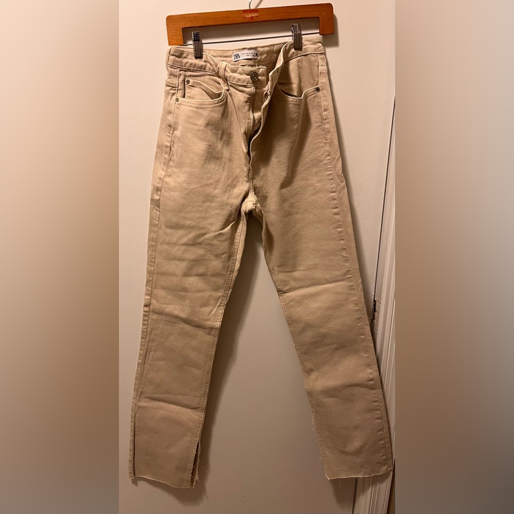 Zara Ladies Light Beige Straight Inside Split Jeans